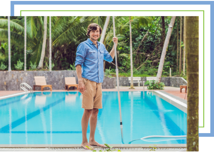 Pool owner smiling in front of pool